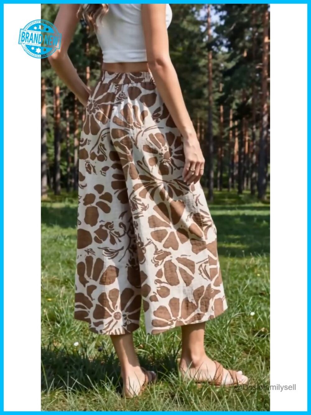 Wide Leg Linen Capri Pants Elastic Waist Palazzo Trousers with Pockets - Picture 7 of 7